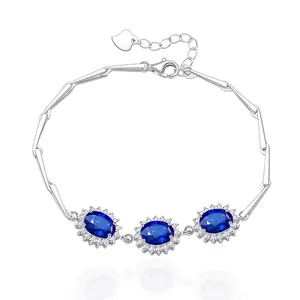 Luxury 925 Sterling Silver Bracelet For Women Oval Simulated Blue Sapphire Zirconia Inlaid Elegant Wedding Jewelry Gift