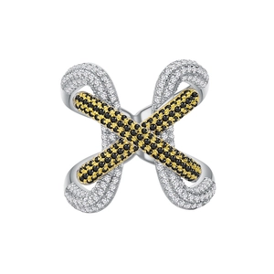 X-shaped S925 silver ring featuring gold crisscross lines and micro-paved black stones