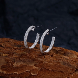 S925 sterling silver half-hoop earrings with double-row micro-pave cubic zirconia crystals