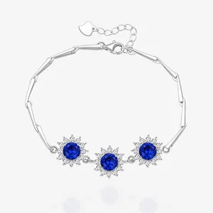 Bracelet Tournesol en Argent Sterling 925 pour Femmes Avec Strass Bleu Rond Chaîne à Maillons en Bambou Bijoux Élégants