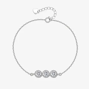 Bracelet en Argent Sterling S925 pour Femmes Minimaliste Rond Zirconia Incrusté Réglable Pendentif Cœur Bijoux Élégants