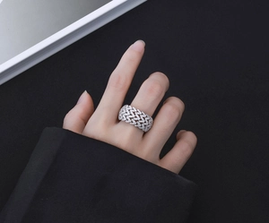 Detailed view of S925 sterling silver wide hollow mesh ring with pave-set zircon crystals