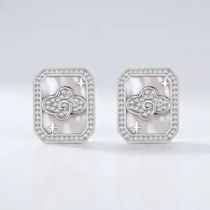 Boucles D'Oreilles Puces Carrées Argent Sterling 925 Nacre Nuage Étoile Zircone Incrusté Bijoux Mode Femme