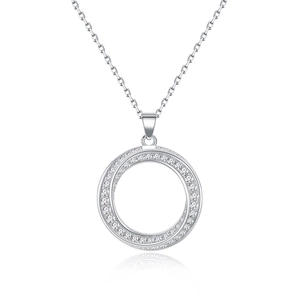 Elegant silver Mobius necklace with double interlocking rings pavé-set with clear zircons