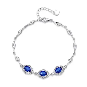 Bracelet en Argent Sterling S925 pour Femmes Zirconia Bleu Ovale Élégant Strass Incrusté Tempérament Mode Bijoux Cadeau Anniversaire