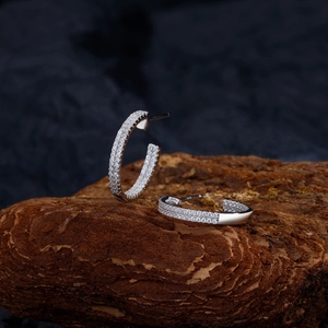 Exquisite S925 sterling silver C-shaped hoop earrings with double-row micro-set zircons