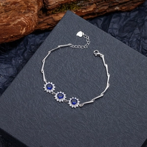 Bracelet tournesol en argent 925 avec saphirs bleus ronds de 6mm et zircons brillants de luxe