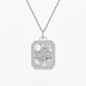 925 Sterling Silver Necklace For Women White Mother Of Artificial Pearl Rectangular Cloud Star Pendant Zircon Micro Pave Luxury Jewelry