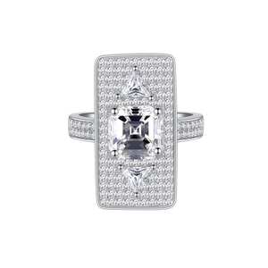 Lussuoso anello rettangolare in argento S925 con pavé di diamanti e tre pietre centrali
