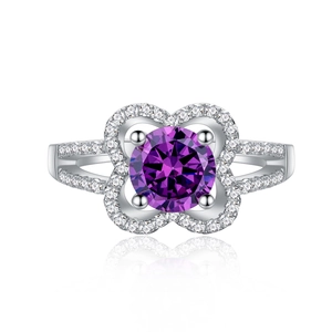 925 silver ring featuring a 7.5mm purple crystal flower with micro-pave diamond accents