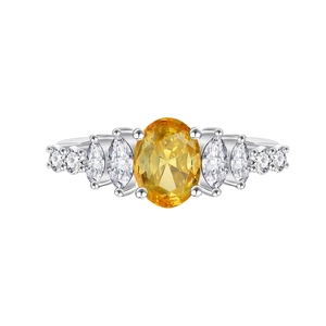 Elegant 925 sterling silver ring with oval yellow diamond and marquise side stones