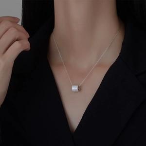 Classic S925 sterling silver cylinder necklace with full micro-paved sparkling crystals