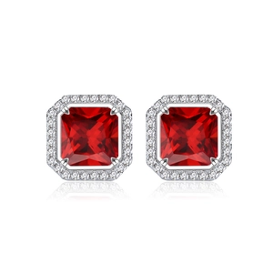 Boucles d'oreilles halo en argent S925 avec rubis rouge taille princesse et zirconiums