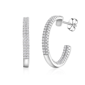 S925 sterling silver hoop earrings featuring double rows of micro-pave white zircon stones