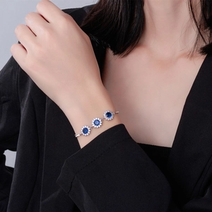Bracelet tournesol en argent 925 élégant avec saphir bleu de 6 mm et cristaux blancs