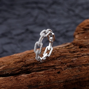Fashion S925 sterling silver chain ring with micro-pave diamonds and industrial link design