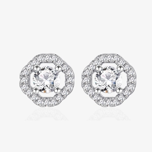 Detailed close-up of S925 silver stud earrings with center diamond and halo micro-pave
