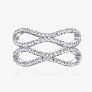 S925 Silver Wavy Water Ripple Ring For Women Pave Rhinestone Geometric Hollow Out Fashion Jewelry Party Accessories