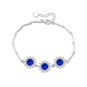 Bracelet en argent 925 avec tournesols en saphir bleu et chaîne à maillons bambou