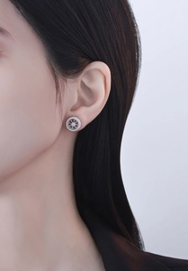 Close-up of S925 sterling silver dreamcatcher stud earring with pavé zircon on model