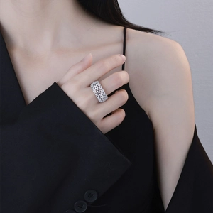 Luxurious wide V-shape intertwined S925 silver ring with full pave zircon stones on hand