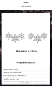 Detail of S925 sterling silver snowflake earrings with clear cubic zirconia stones