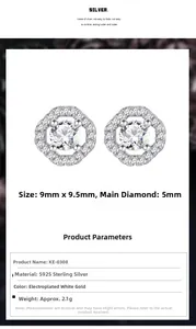 Macro detail of S925 sterling silver rhombus earrings with 5mm cubic zirconia studs