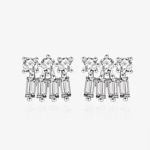 925 Sterling Silver Stud Earrings For Women With Round And Baguette Cut White Zircons Geometric High End Luxury Jewelry