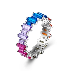Rainbow S925 silver eternity ring with colorful baguette cut zircon stones on white background
