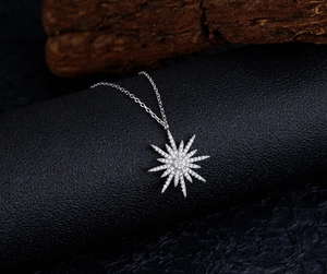 Close-up of S925 sterling silver starburst pendant with pavé cubic zirconia