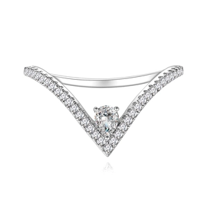 Elegant V-shaped S925 silver ring with pave diamonds and a pear-cut teardrop stone