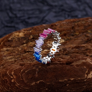 Close-up of S925 sterling silver rainbow ring with colorful rectangular zircon stones