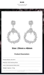 Detailed size chart and specifications for S925 sterling silver hoop earrings with zircons