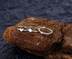 Detailed view of silver rings set with clover, heart, and zircon on wood surface