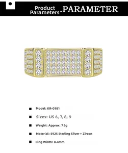 Détails d'une bague en argent S925 plaqué or de 8,4 mm de large sertie de zircons cubiques