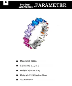 Detailed specs of S925 sterling silver eternity ring with colorful zircon baguettes