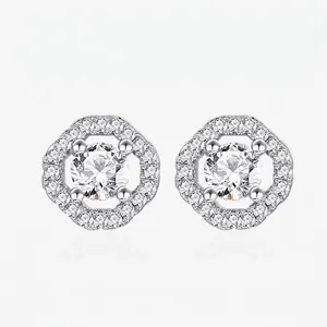 925 Sterling Silver Hexagon Halo Stud Earrings Minimalist Round Cut White Rhinestone Inlaid Geometric Ear Jewelry For Women