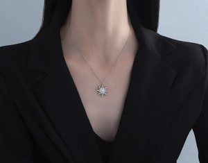 Detailed view of a sparkling S925 sterling silver star pendant on a delicate chain
