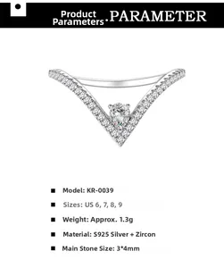 Macro detail of V-shaped S925 sterling silver ring with pear-cut cubic zirconia inlay