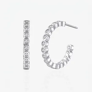 Luxus 925 Sterlingsilber C-Förmige Reihen-Strass Ohrstecker Für Damen Minimalistische Versilberte Geometrische Pavé Ohrringe Edler Schmuck