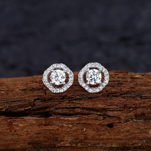 Minimalist S925 sterling silver hexagonal halo stud earrings with brilliant round diamonds