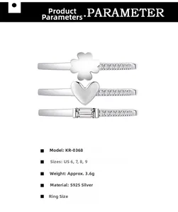 S925 sterling silver three-piece ring set with clover heart and zircon details