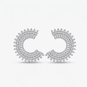 925 Argento Sterling Girasole Orecchini a Bottone Donna Strass Micro-Pave Forma a C Ventaglio Elegante Gioielli di Moda