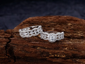 Close-up of S925 sterling silver stacked ring set with micro-pave garden diamond detailing