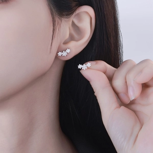 Elegant S925 sterling silver snowflake stud earrings with three sparkling crystal flowers