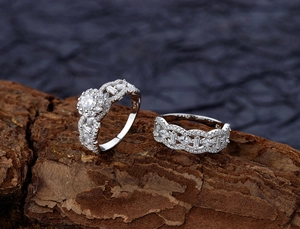 Close-up of S925 sterling silver hallmarked inner band and micro-pave garden ring set