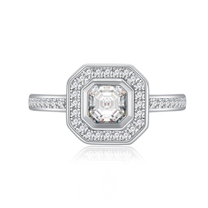 Luxurious S925 sterling silver ring with square Asscher cut halo diamond in white gold finish