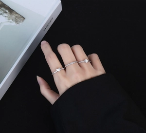 S925 sterling silver three-piece ring set featuring heart, clover, and zircon details