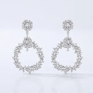 Luxury 925 Sterling Silver Geometric Wreath Dangle Earrings For Women Elegant Rhinestone Inlaid Hoop Earrings Jewelry