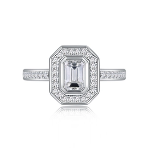 Elegant emerald cut halo ring in S925 sterling silver with pave set sparkling diamonds